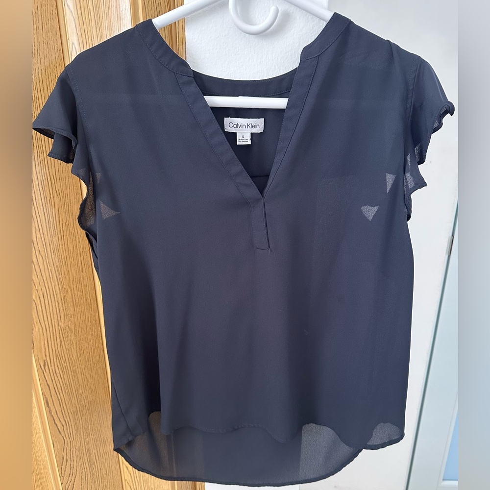 Calvin Klein Navy Sheer Blouse | V-Neck Flutter Sleeve Top | Size S